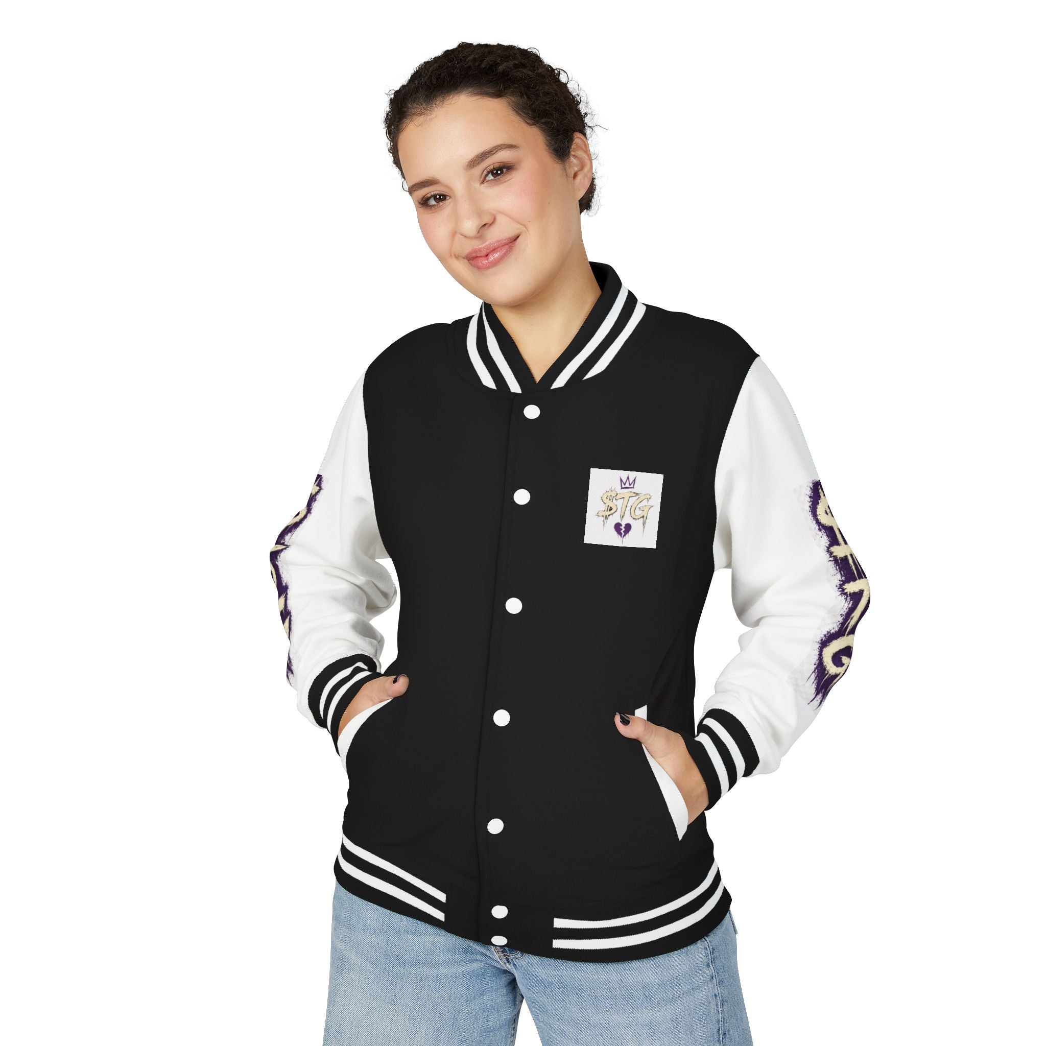 $TG *LIMITED RELEASE* Letterman Jacket — Retro Purple Graffiti Sleeve Varsity Jacket with Pocket Crest