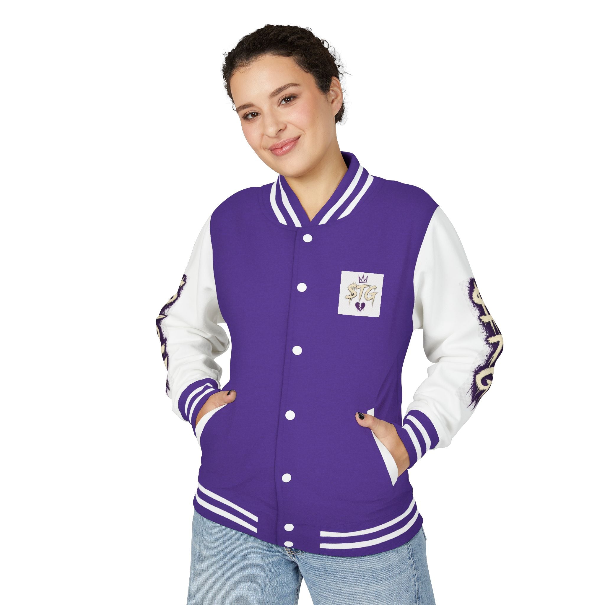 $TG *LIMITED RELEASE* Letterman Jacket — Retro Purple Graffiti Sleeve Varsity Jacket with Pocket Crest