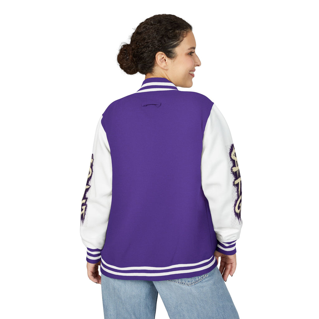 $TG *LIMITED RELEASE* Letterman Jacket — Retro Purple Graffiti Sleeve Varsity Jacket with Pocket Crest