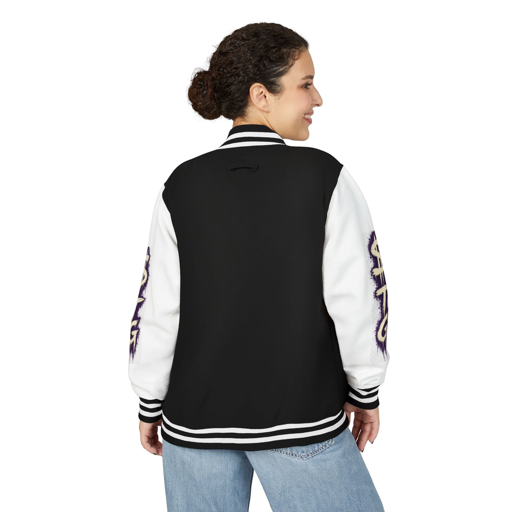 $TG *LIMITED RELEASE* Letterman Jacket — Retro Purple Graffiti Sleeve Varsity Jacket with Pocket Crest